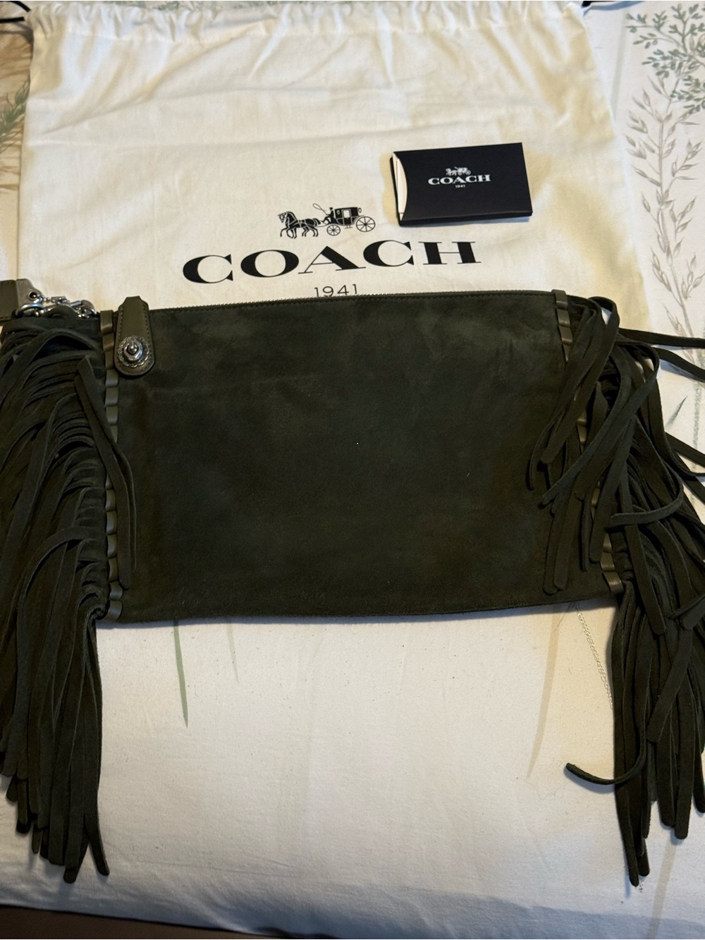 COACH Fern (green) Suede Fringe Wristlet Clutch